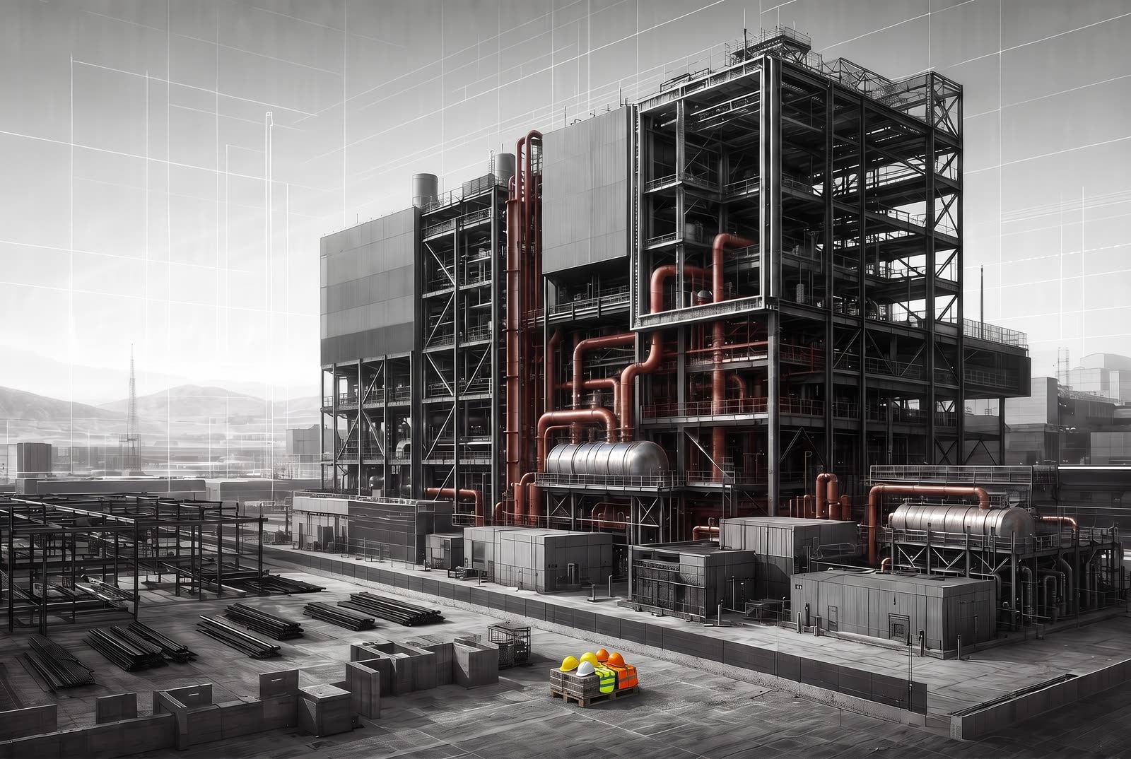 Illustrative visual of an industrial steam generation and process plant under construction